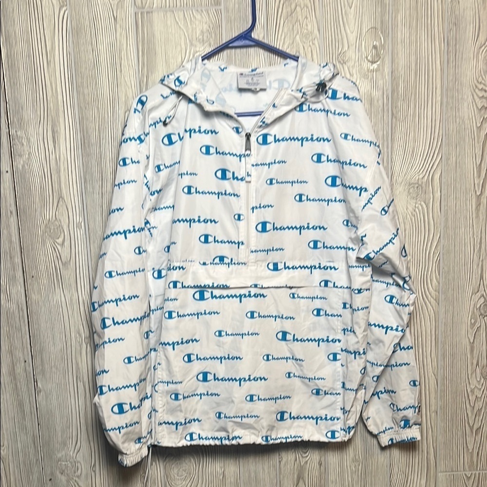 Champion White and Blue Raincoat Lightweight Hooded Jacket Size Medium